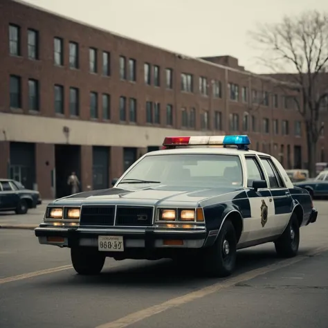 cinematic film still of 
In the 1980's a police car parked in front of a building,no humans,ground vehicle,motor vehicle,car,veh...