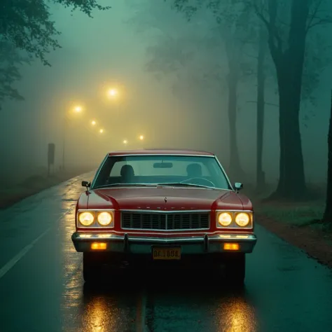 cinematic film still of  <lora:1980's style:1>
In the 1980's a christine red car with headlights on in a foggy area in a scene f...