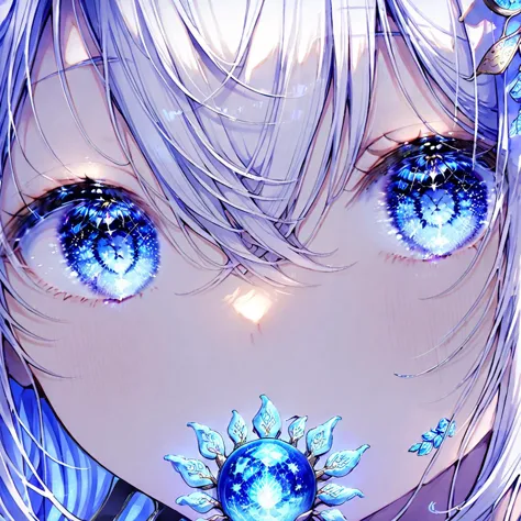 bangs, blue eyes, close-up, constellation, crescent, crystal, eye focus, eyebrows visible through hair, eyelashes, face, gem, gl...