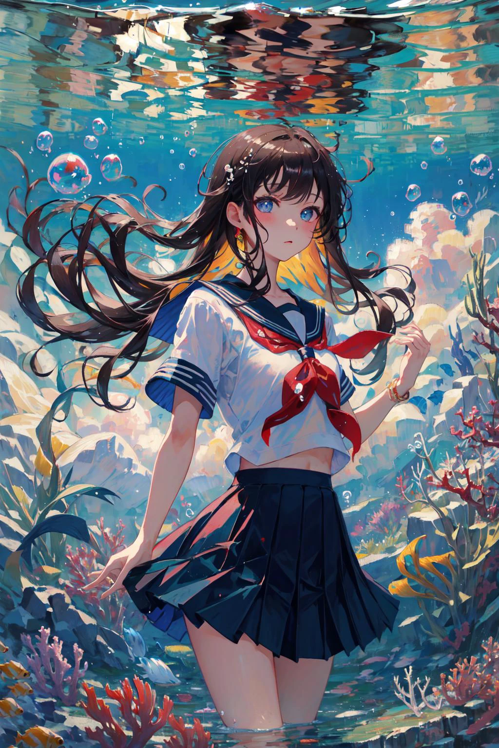 bubble, rating:safe, air_bubble, underwater, 1girl, fish, long_hair, submerged, school_uniform, serafuku, solo, water, skirt, neckerchief, short_sleeves,(Impressionism:1.4),