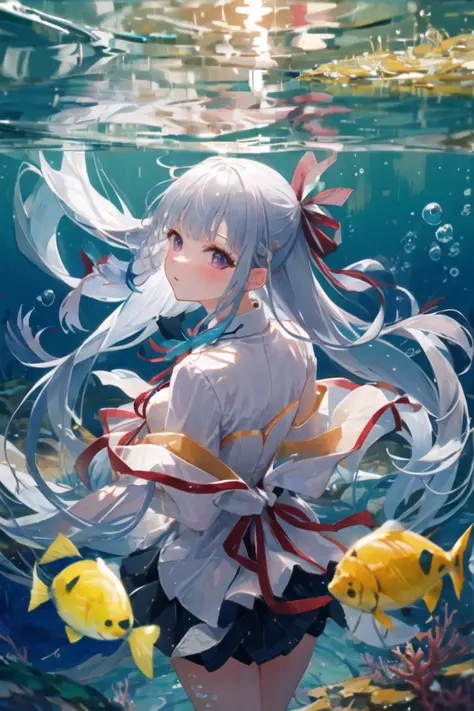 <lora:euphyllia_magenta:1>
euphyllia_magenta, braid, long silver hair, bubble, air_bubble, underwater, fish, submerged, solo, water,(Impressionism:1.4), arms behind back