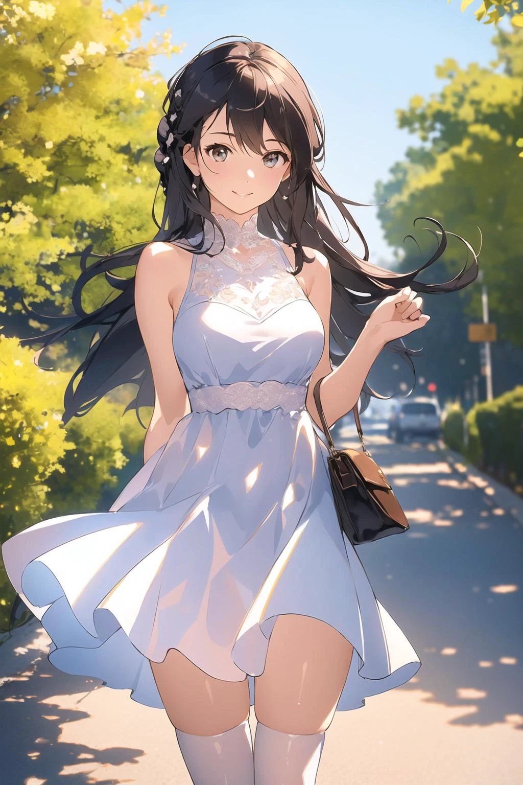 (masterpiece:1.2), best quality, high resolution, unity 8k wallpaper, (illustration:1.0), beautiful detailed eyes:, extremely detailed face, perfect lighting,photo_\(medium\), photorealistic, realistic,
1girl, solo, handbag, thighhighs, dress, bag, white dress, black hair, outdoors, tree, white thighhighs, night, looking at viewer, road, long hair, holding, sleeveless, standing, realistic, sleeveless dress, brown eyes