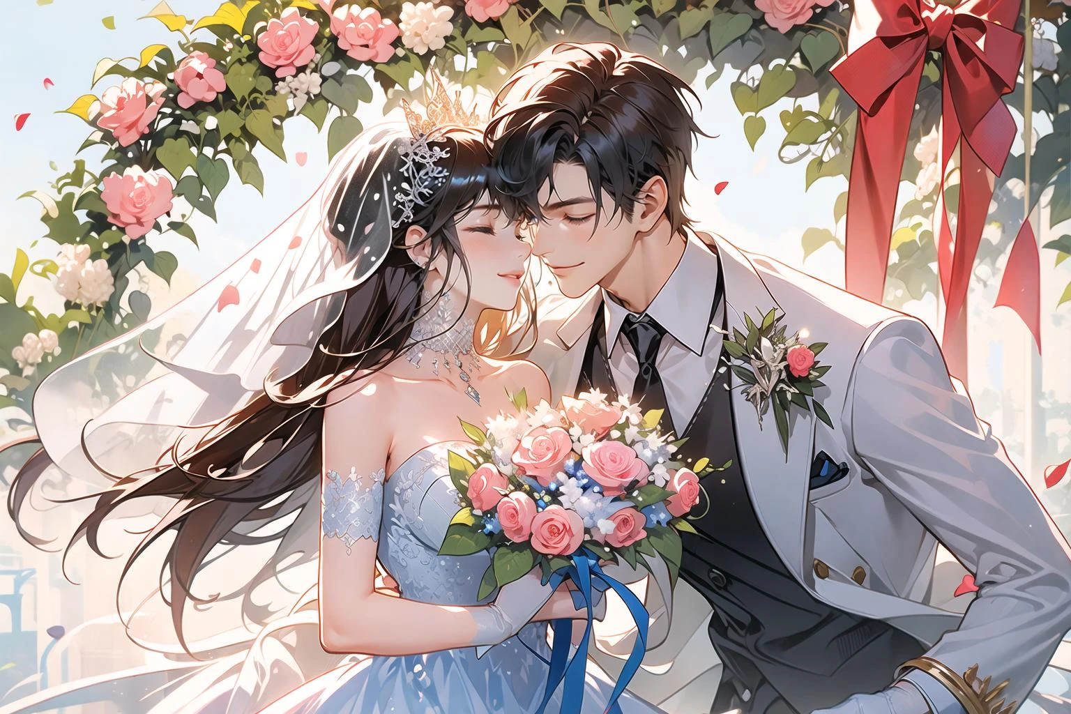 1girl, 1boy, dress, brown hair, wedding dress, jacket, hetero, necktie, couple, smile, strapless dress, closed eyes, pants, strapless, veil, flower, long hair, holding, jewelry, gloves, shirt, necklace, bouquet, white pants, holding bouquet, white dress, blue eyes, white shirt, open jacket, holding hands, elbow gloves, white gloves, white jacket, pink necktie, bridal veil, white background, wedding, husband and wife, long sleeves, long dress, pink flower, floating hair, short hair, standing, open clothes, collarbone, sleeveless 
