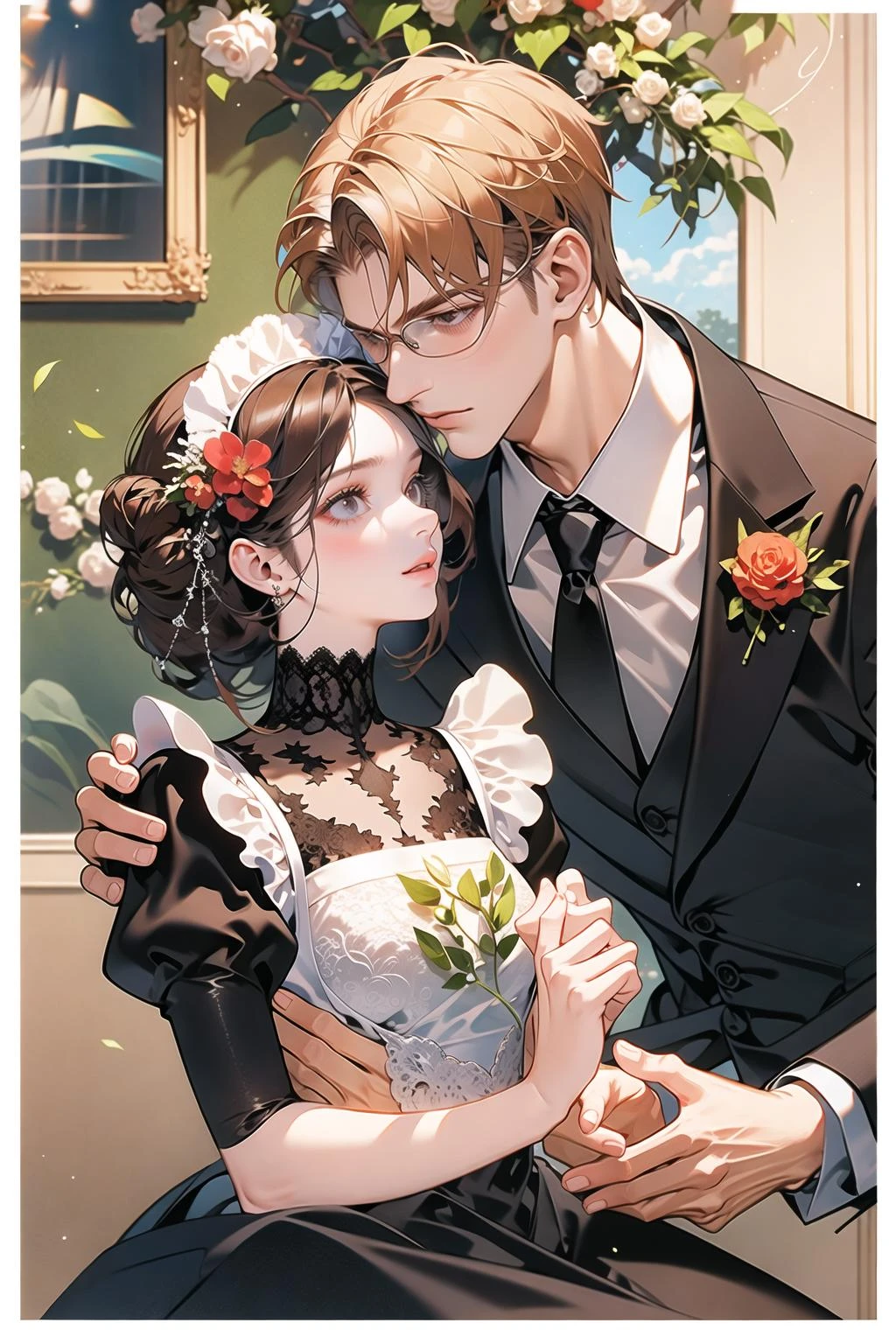 (masterpiece:1.2),(masterpiece, top quality, best quality)
1 girl, 1 boy, 2 people, housekeeper, maid, uniform, suit, maid dress, lace, flowers,
