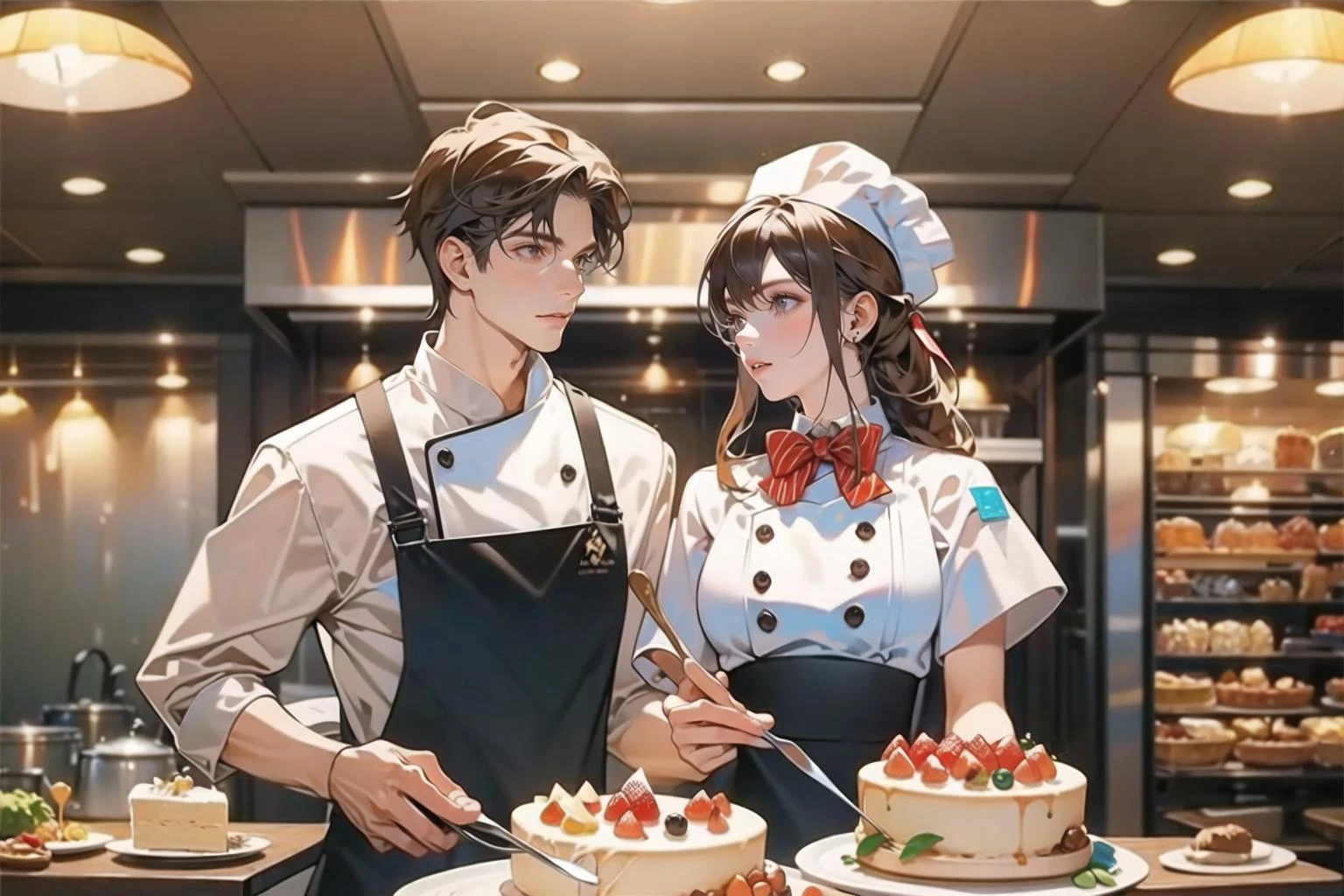 (masterpiece:1.2),(masterpiece, top quality, best quality)
1 girl, 1 boy, 2 people, chef, Chef hat, kitchen, pastry, cake, cream, dessert, food,chef uniform, chef, kirochef, 
