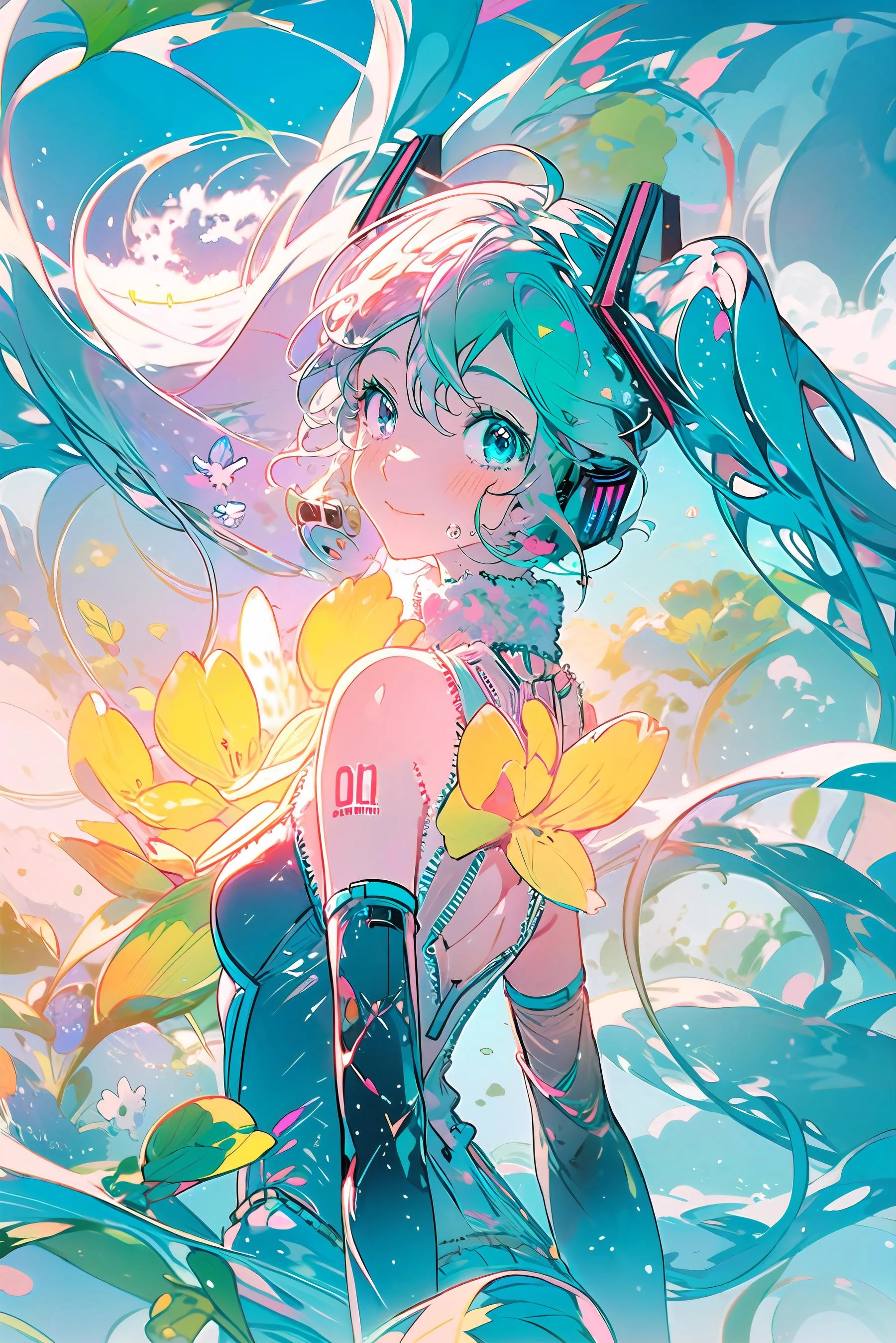 (masterpiece:1.2),best quality,PIXIV,Colorful portraits,multicolored,wave,hatsune miku,colorful,(red:1.2),blue,yellow,