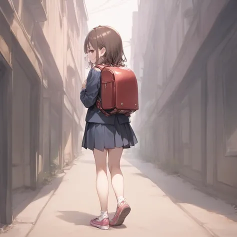 anime girl with a red backpack walking down a narrow street