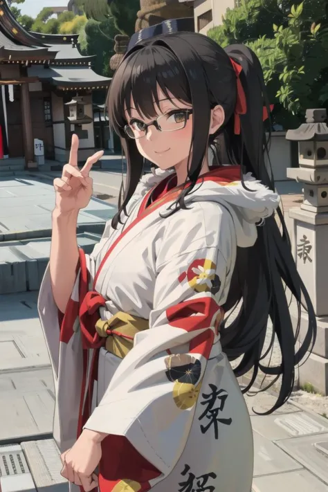 best quality, ultra-detailed, illustration,
1girl, solo, glasses, black hair, long hair, print kimono, white kimono, holding dra...