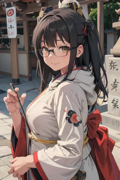 best quality, ultra-detailed, illustration,
1girl, solo, glasses, black hair, long hair, print kimono, white kimono, holding dragon, night, winter, snowing, snow, happy, smile, looking at viewer, 
 <lora:JAPAN_Scenery_Jinjya_SD15_V2:1> jinzya, komainu,