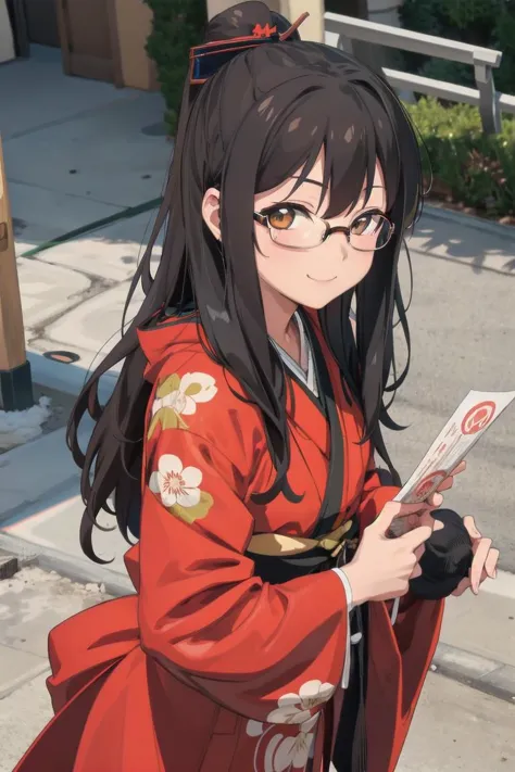 best quality, ultra-detailed, illustration,
1girl, solo, glasses, black hair, long hair, print kimono, red kimono, holding drago...
