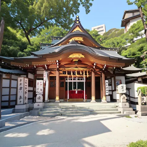 最高品質, 非常に詳細な, 図,
ジンジャ, 木, 屋外, 神社, 景色, 日, shimenawa, 桜, 現実世界の場所, east asian 建築, 建築, 箱, 空, 現実的, 写真の背景
 