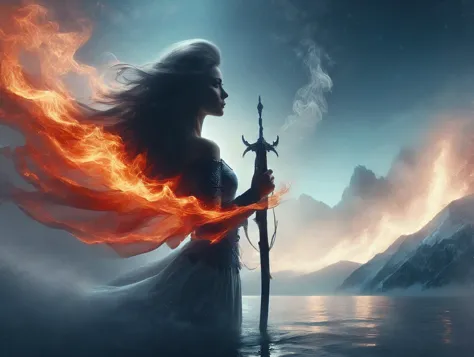 a woman in dream with long hair standing in the water with a fire in the background and a sky filled with clouds, Cyril Rolando,...