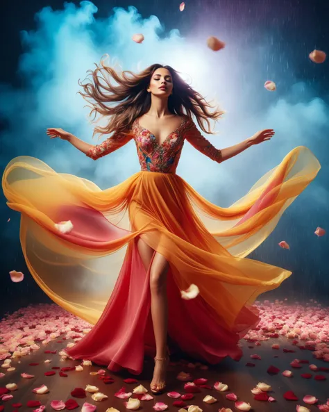 a woman in a long dress is dancing in the rain