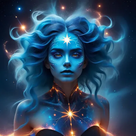 a woman with blue hair and a star on her face