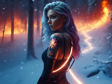 woman in a dream with neons tatoo  enter to hot water, frozen hair,  snowing, fire in the forest far away,
octane render, unreal...