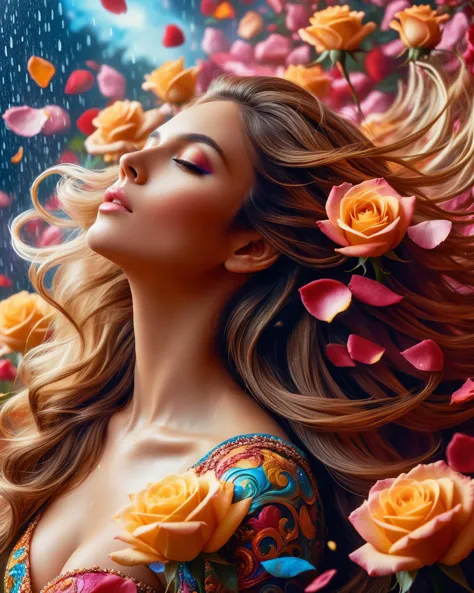 Psychedelic style, Psychedelic style, a beautiful majestic young slim queen with long flowing hair steps importantly on a floor covered with roses under cloud of flowers,  a rain of rose petals,  soft light, more detail XL,  incredibly like live,  realism pushing to the extreme,  ultra quality,  side view, <lora:add-detail-xl:3>, dream, <lora:sdxl_lora_dream:0.65>, Vibrant colors, swirling patterns, abstract forms, surreal, trippy, Vibrant colors, swirling patterns, abstract forms, surreal, trippy