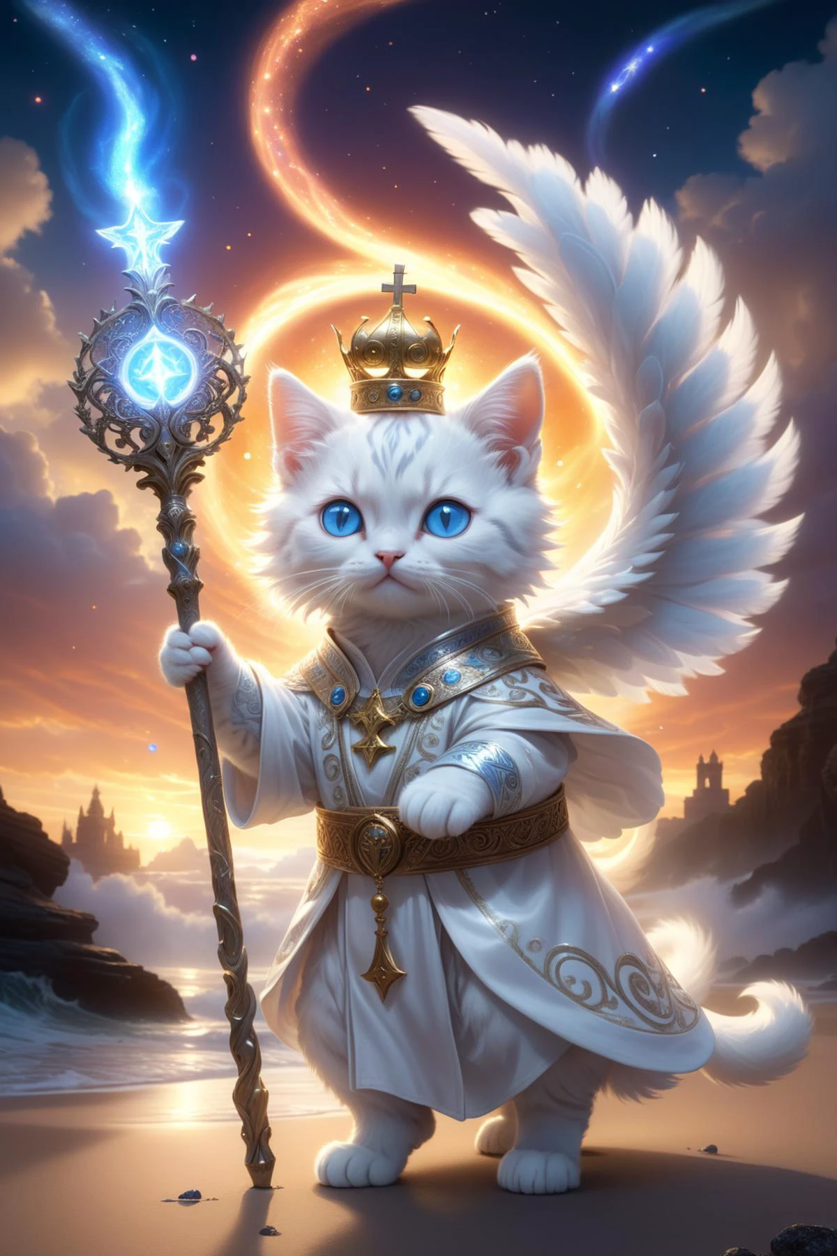 kitten,
fantasy worlds,
white cat mage wearing intricate ancient robes,
holding an white staff,(Papal Crown:1.2),
blue eyes,
intricate runic symbols swirling around,
casting  spell,
Holy Light,
fluffy tail,
detailed surroundings,
(hyper-detailed,high quality visuals,dim Lighting,ultra-realistic,sharply focused,octane render,8k UHD,masterpiece,high quality),beautiful detailed glow,beautiful detailed glow,
walking,waves,wind,(((glistening light of waves))),(detailed sunset glow),(floating flow),((coral)),(Luminous),coast,(floating colorful bubbles),beautiful detailed sky,(sunlight),(angel),dynamic angle, floating, wing, halo, floating white silk,(Holy Light),silver stars,