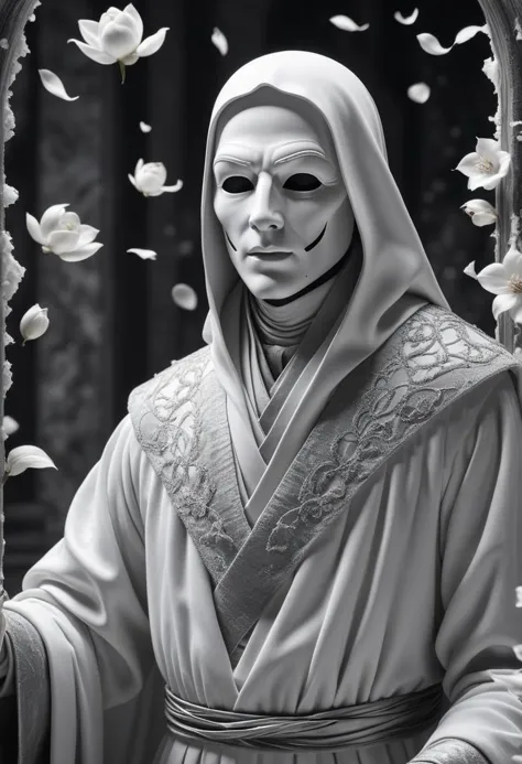 a black and white photo of a man in a mask and robe