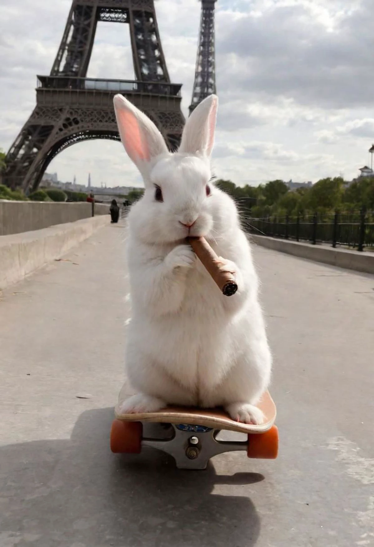 Photo of a white baby bunny smoking a cigar, on a skateboard, Eiffel Tower.