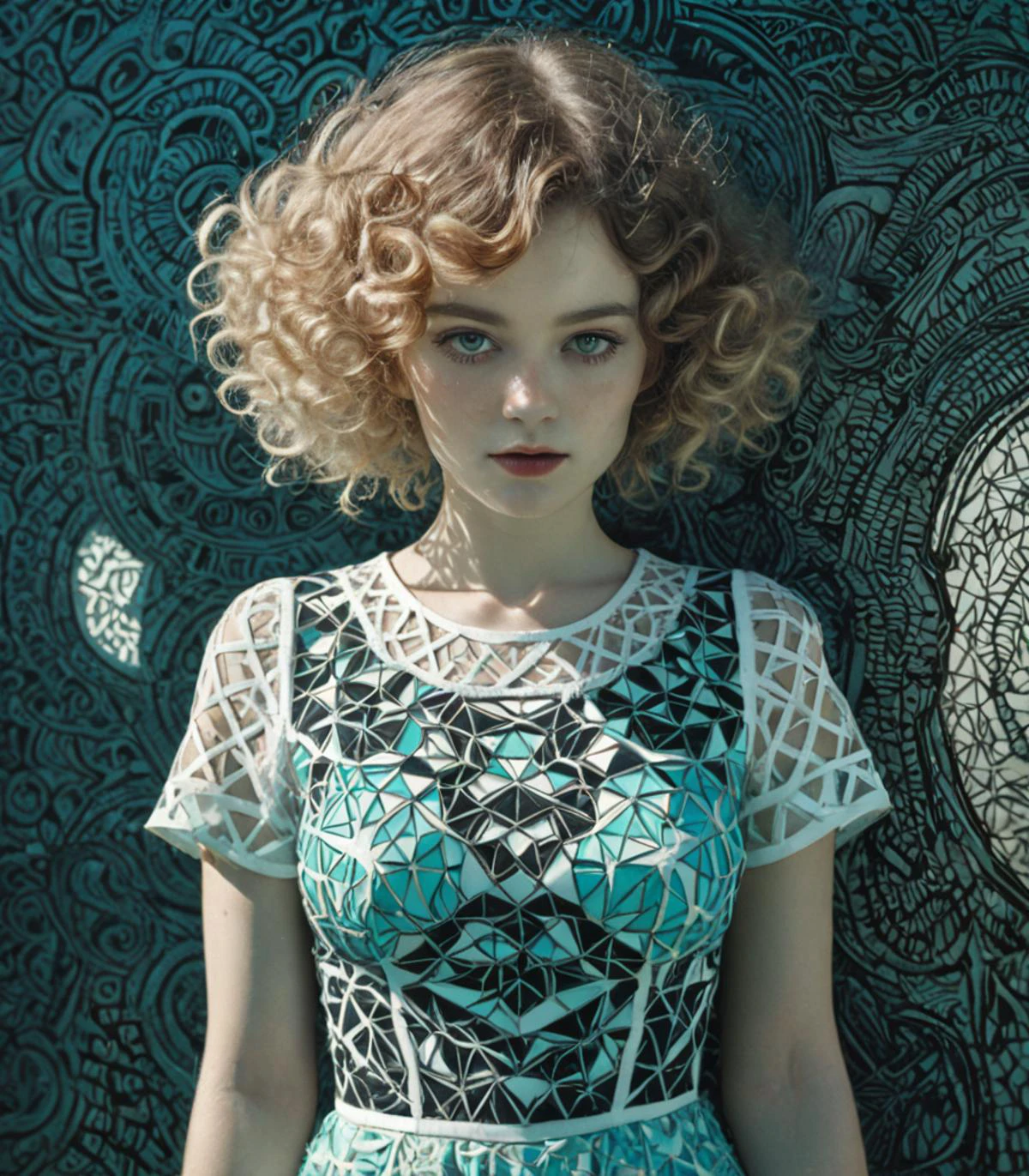 Velvia, Realism, graphic print, surreal, klimt,Breakcore, Sunlight, Reflected light, Berlin Secession, delicate, Hellenistic hair styled as French crop, Zentangle, anaglyph effect, elegant dress, face portrait