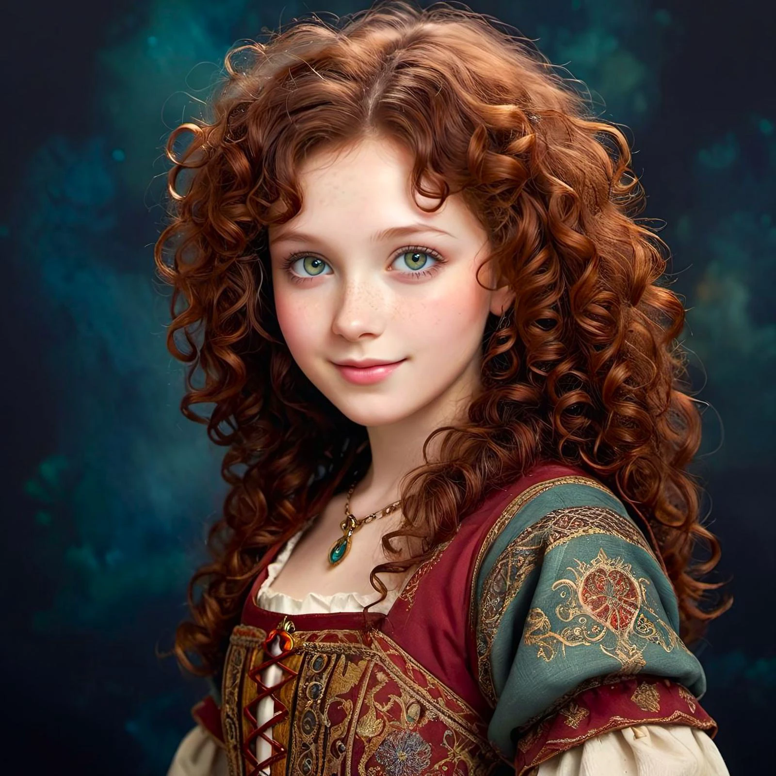 medieval fantasy,  a 20 yrs old porcelain girl , happy,  soft organic skin texture, delicate face, jade eyes, dark red brown curly hair, eclectic, dark background