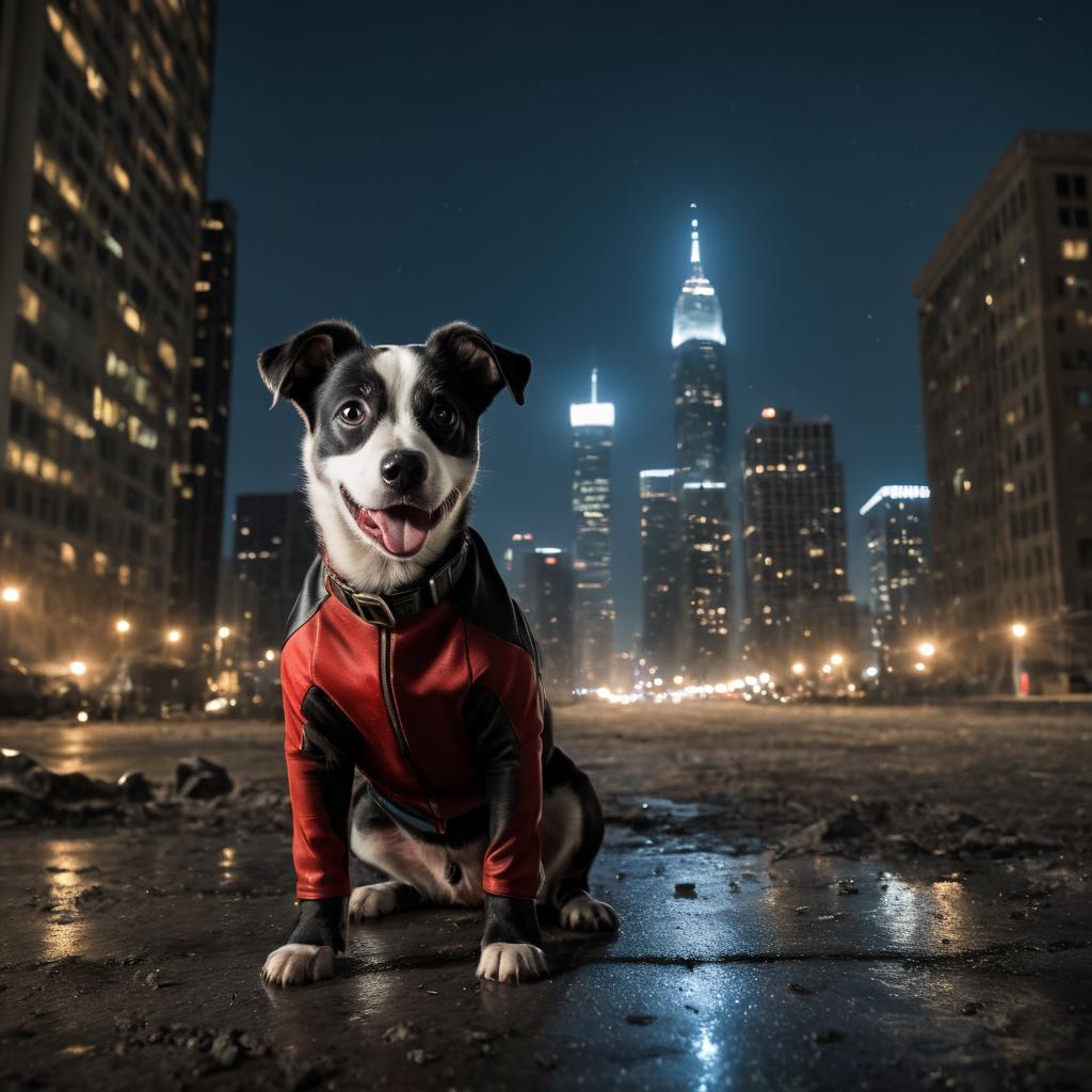 Perro arafed con una chaqueta roja sentado en una calle mojada - SeaArt AI