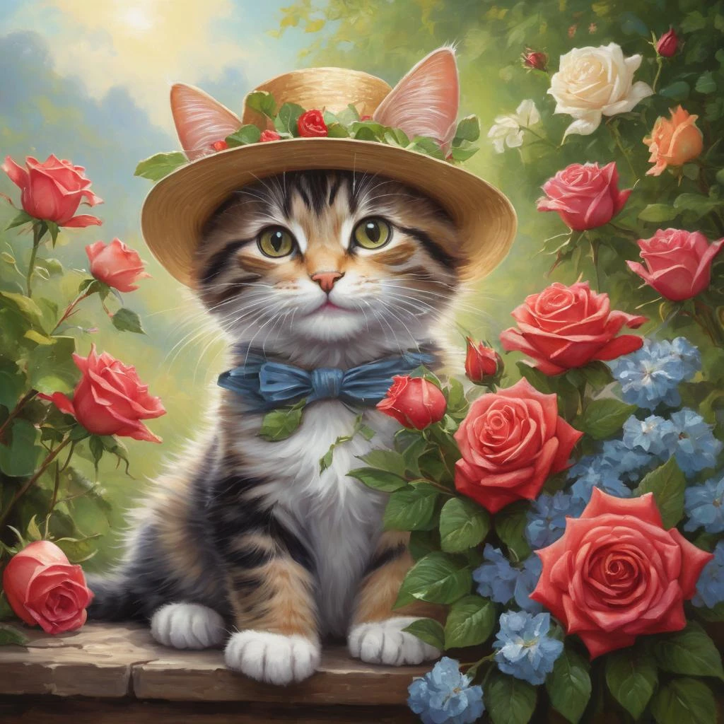 Alayna Lemmer style painting  of happy anthropomorphic kitten holding roses bouquet and wearing fancy hat surrounded by pretty flowers in summer morning BREAK  (professional painting, dynamic pose, dynamic composition, dynamic lighting, realistic proportions, extreme detailed, intricate details, hdr, raytracing, ultra detailed, highly detailed atmosphere, highly detailed textures)