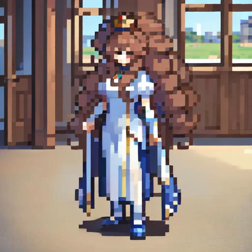 ((best quality)), ((highly detailed)), masterpiece, absurdres, detailed face, beautiful face, (detailed eyes, deep eyes), (1girl), Forced Perspective, full body, princess, ((very long hair)), big hair, curly hair, light brown hair, large dress, (maxiskirt), crown, (indoors, in a gym), 