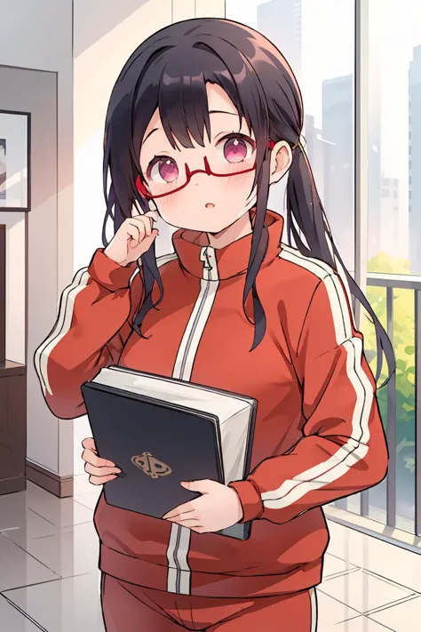 anime girl with glasses holding a book and a book in her hand