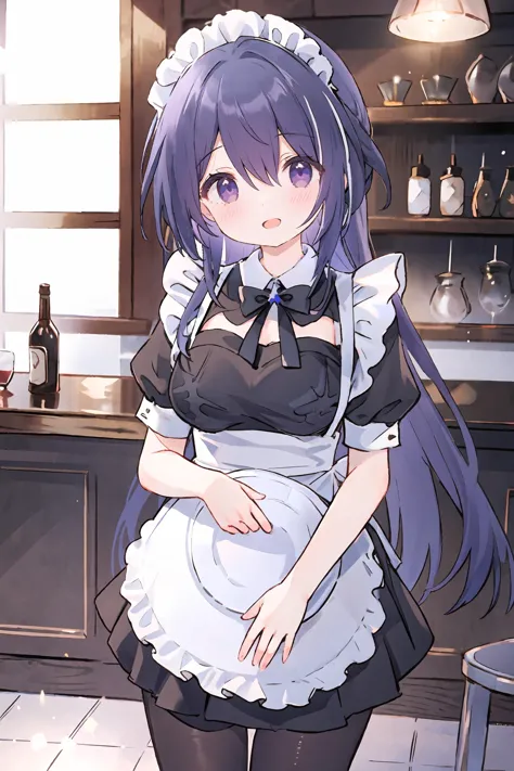 1girl, acheron \(honkai: star rail\), solo, maid, maid headdress, maid apron, embarrassed, pantyhose, open mouth, blush, smile, open mouth, holding plate, looking at viewer, cowboy shot, bar \(place\), indoors, depth of field