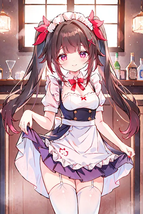 1girl, sparkle \(honkai: star rail\), twintails, solo, maid, maid headdress, maid apron, thighhighs, looking at viewer, high heels, (skirt hold, curtsey: 1.2), bar \(place\), indoors, depth of field, gasping, ecstasy, seductive smile,  <lora:face-sensualface_type2:0.8>