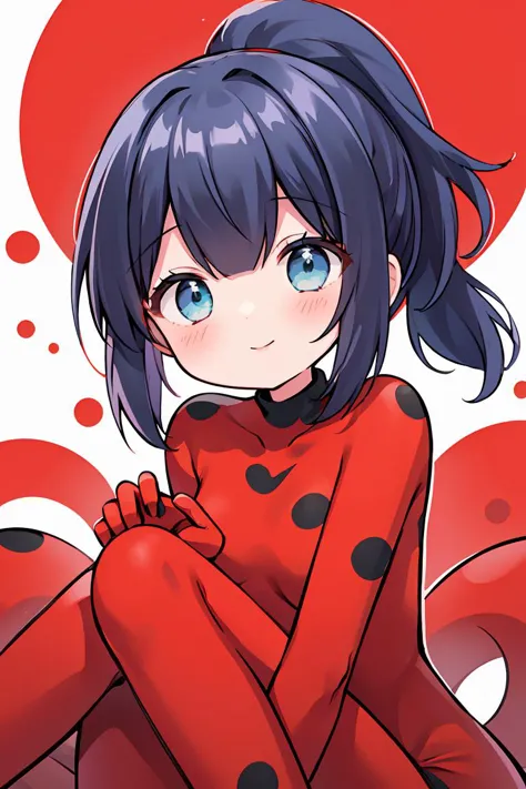 (masterpiece, best quality), 1girl, <lora:Ladybug:1> Dark blue, bob-cut hair with a ponytail, red mask with black spots, greenis...