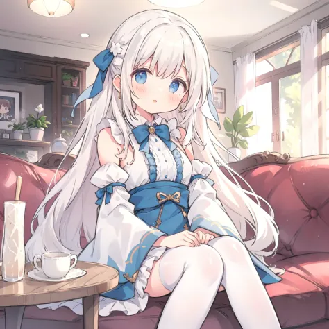 (one girl solo) the background is (indoors living room), the girl wearing (frill cosplay, detached sleeves wide sleeves, bare sh...