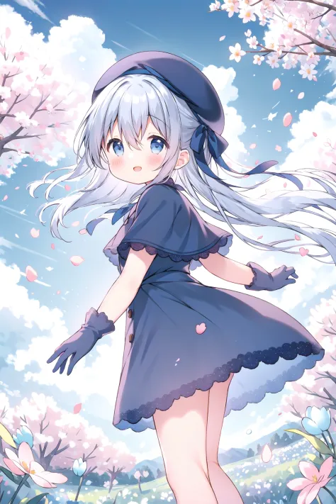 <lora:kamkuro3:0.8:char> (masterpiece, best quality),
kamidezachan, 1girl, outdoors, solo, long hair, smile, day, looking at viewer, pink flower, blue dress, tree, open mouth, bangs, blush, sky, dutch angle, :d, cloud, cherry blossoms, floating hair, field, blue flower, from side, standing, flower field, blue sky, purple flower, hair between eyes
the girl wearing (short sleeves, ribbon beret, short gloves navy blue gloves navy blue coat, short lace capelet:1.2), light blue (long hair:1.2), [[blue eyes]], (short sleeves short  navy blue gloves:1.2),