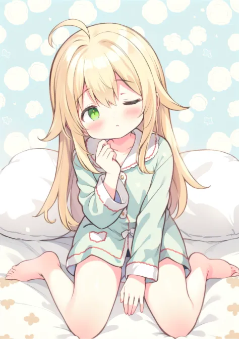 1girl, full body, sitting wariza on bed, (one hand rub:1.4) eye, (thigh:1.4), pajamas, ahoge, (pattern background), (sleepy:1.4), long blonde hair, [[green]] eyes, one eye closed, wink,