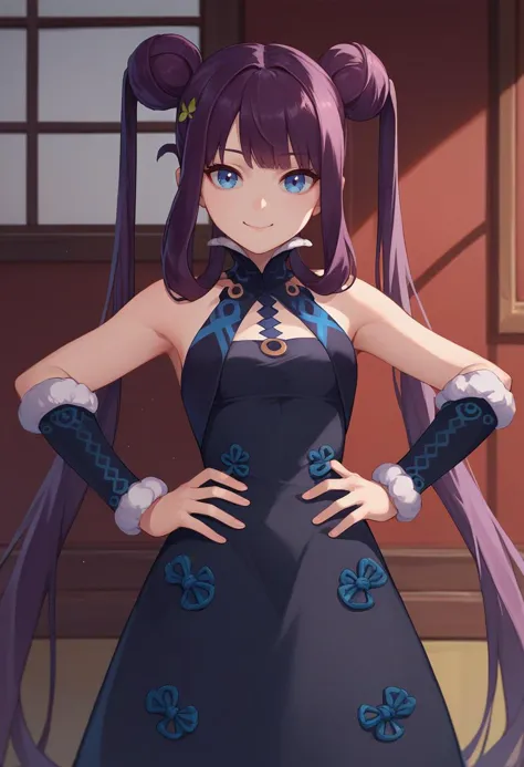 a woman in a black dress with long purple hair and blue eyes