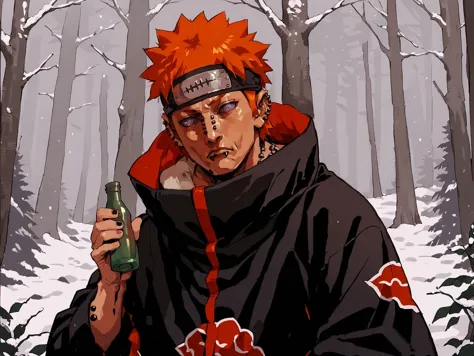 anime character with a bottle of beer in his hand in the woods