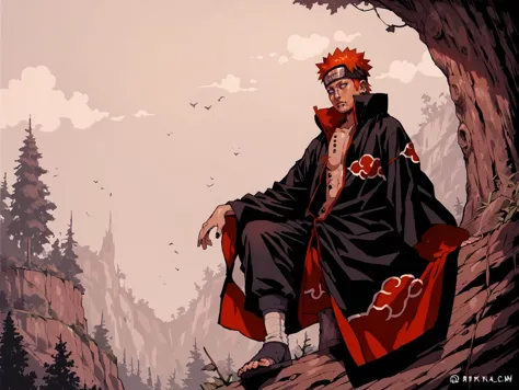 anime - style illustration of a man sitting on a rock in a forest