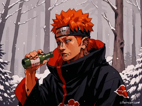 anime character drinking a beer in the snow in a forest