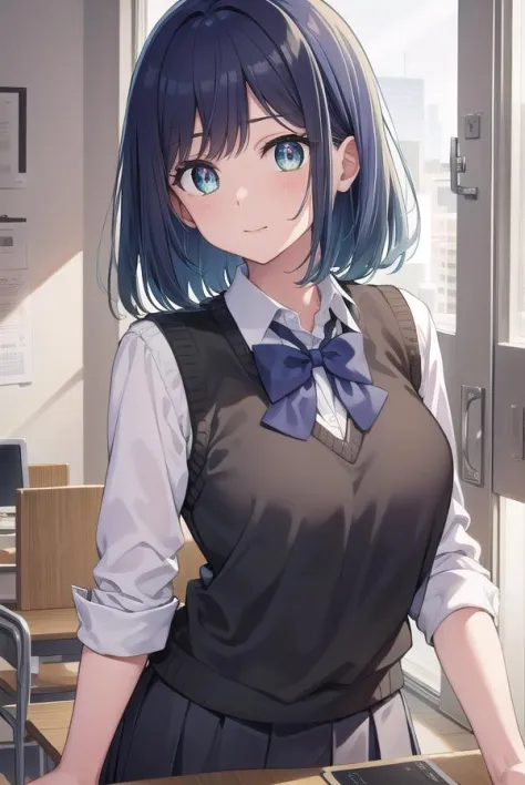 akanekurokawa, <lora:akanekurokawa-lora-nochekaiser:1>,
akane kurokawa, aqua eyes, blue hair, medium hair, sidelocks,
BREAK black sweater vest, blue bow, blue bowtie, bow, bowtie, collared shirt, long sleeves, puffy sleeves, school uniform, shirt, sweater vest, white shirt,
BREAK looking at viewer,
BREAK indoors, classroom,
BREAK <lyco:GoodHands-beta2:1>, (masterpiece:1.2), best quality, high resolution, unity 8k wallpaper, (illustration:0.8), (beautiful detailed eyes:1.6), extremely detailed face, perfect lighting, extremely detailed CG, (perfect hands, perfect anatomy),