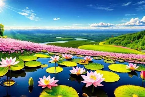 City,sky,spring, ,sun,,lotus,water,grass,sunlight filtering through the foliage,cloud,flower,flatland,town,blue mountain