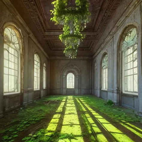 abandoned, mansion, nature, ligh beam, inside, light particles, vines,