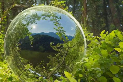 a close up of a mirror reflecting a mountain in the forest