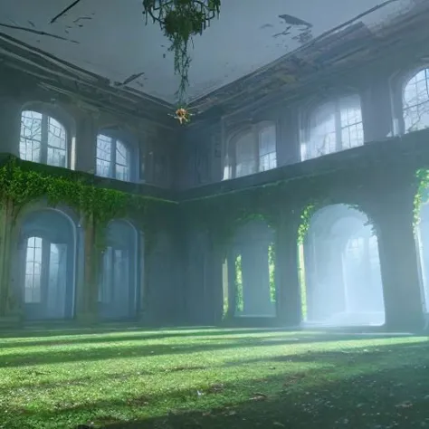 abandoned, mansion, nature, ligh beam, inside, light particles, vines, cold, mist,  light blue light,