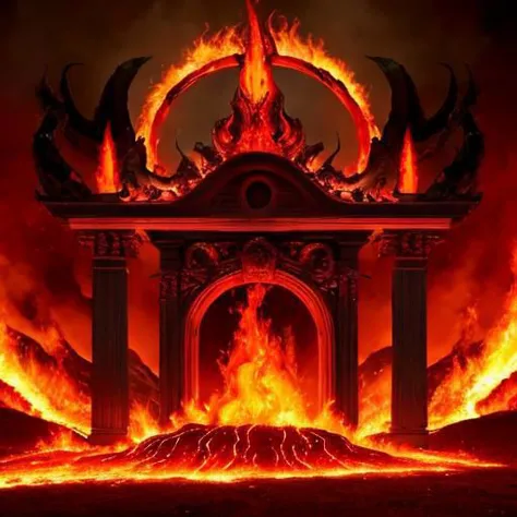 32k UHD cinematic shot of hell, intricate, gates of hell, red flames, embers detail, volcanic background,