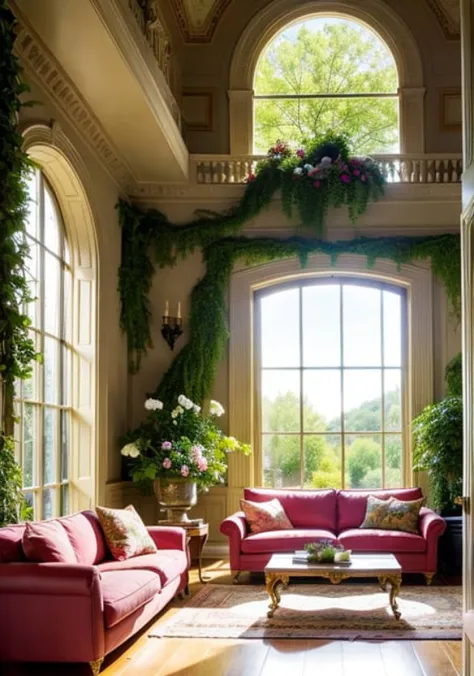 Architectural digest photo of a maximalist green solar living room with lots of flowers and plants, golden light, hyperrealistic...