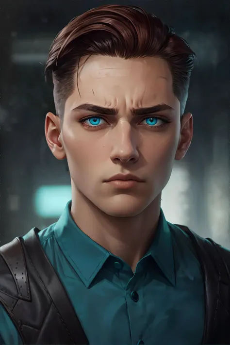 portrait, 1boy, ((downcast eyes, slumped shoulders, sad look)), turquoise eyes, dark chestnut hair, slicked-back undercut, || po...