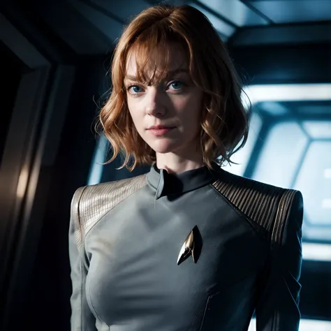 a woman in a star trek uniform standing in a room