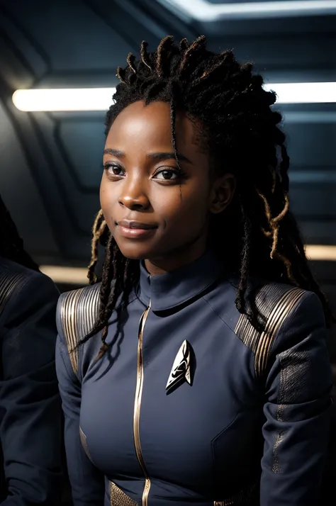 a close up of a woman in a blue uniform with dreadlocks