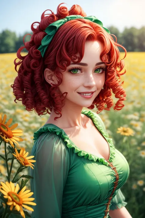 (mature woman:1.3), solo,( red curly hair:1.4), green eyes, (freckles on the face:0.8), (green translucent dress with ruffles:1....
